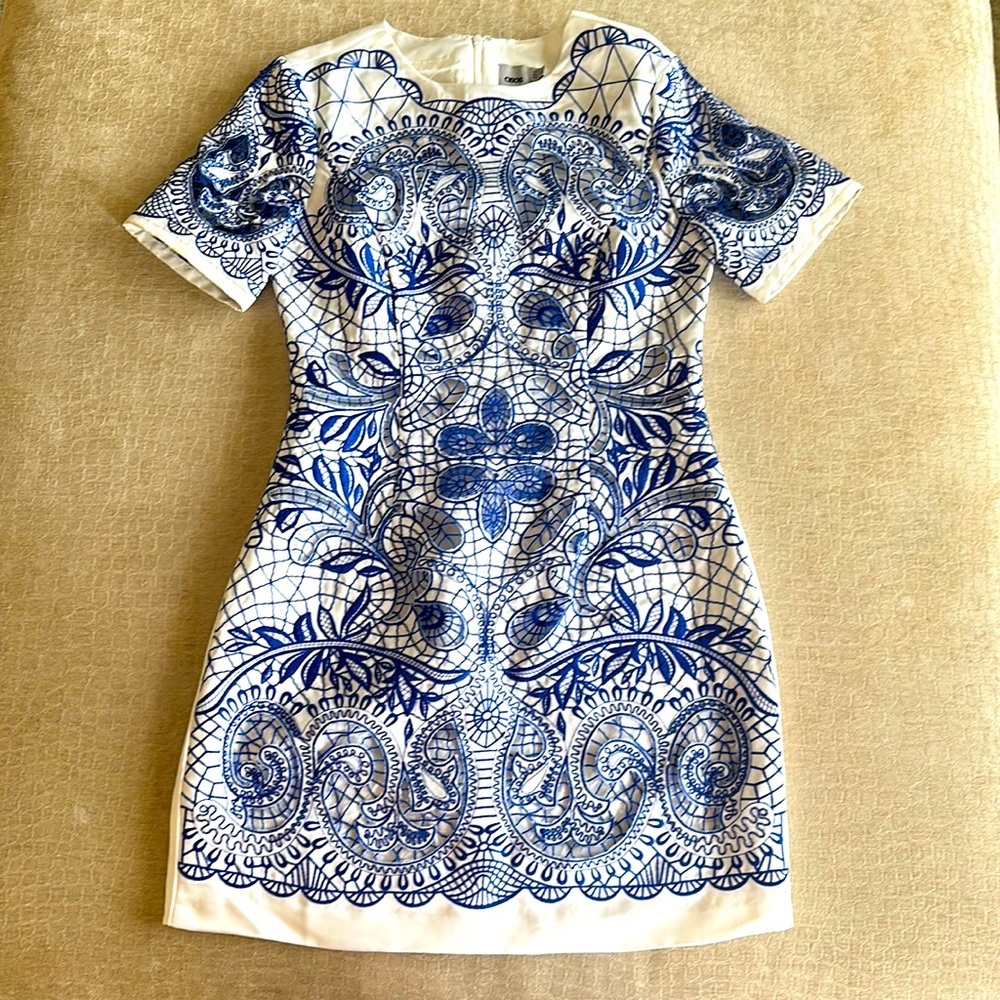 ASOS, blue, white embroidered, dress with full lining, size 4